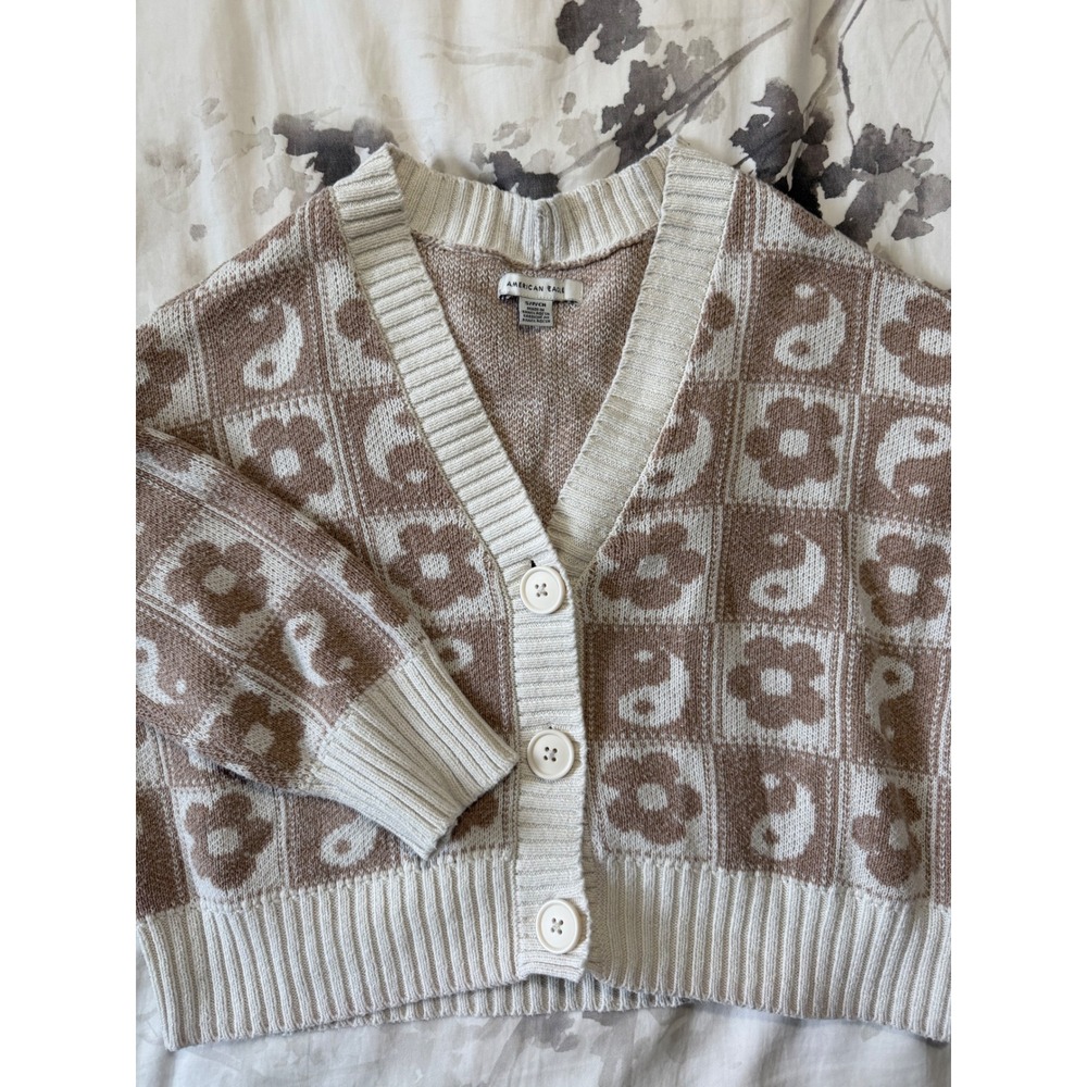 American Eagle Tan Yin Yang Flower Checkered Cropped Cardigan Sweater Small